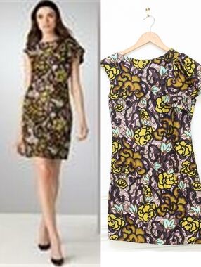 Vintage Milly Abstract Floral Silk Dress Asymmetrical Sleeve Sz 2 Retro Cocktail